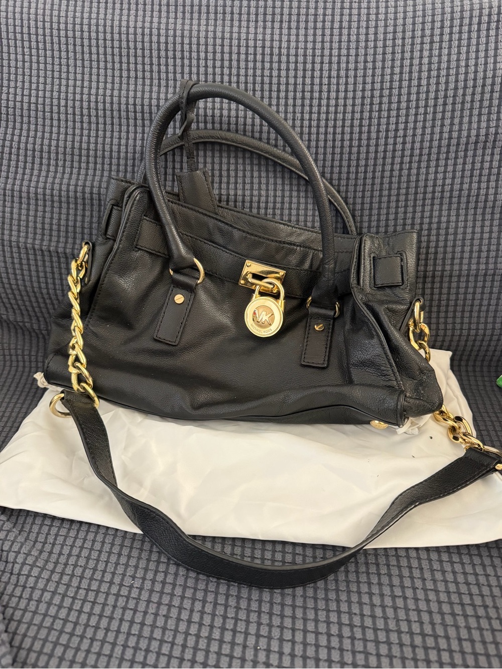 Michael Kors Black Leather Hamilton Satchel Bag with Gold Hardware
